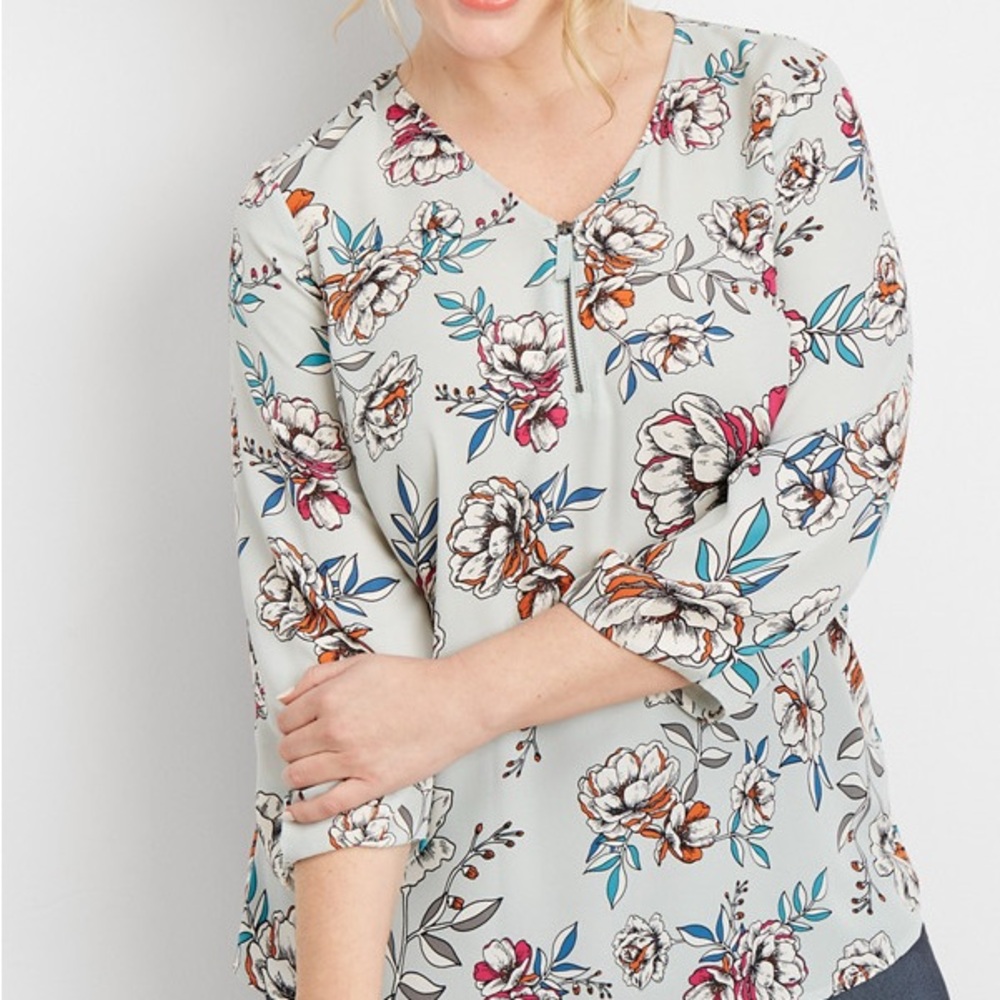 Maurices Floral Zip Front Blouse Size 2 Blue Pink 3/4 Sleeve Top